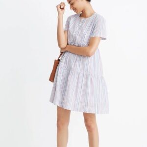 Madewell striped crewneck button-front tiered mini dress M